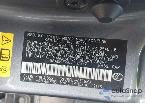 2018 Lexus Es 350 из США, поврежденный, VIN 58ABK1GG0JU117247